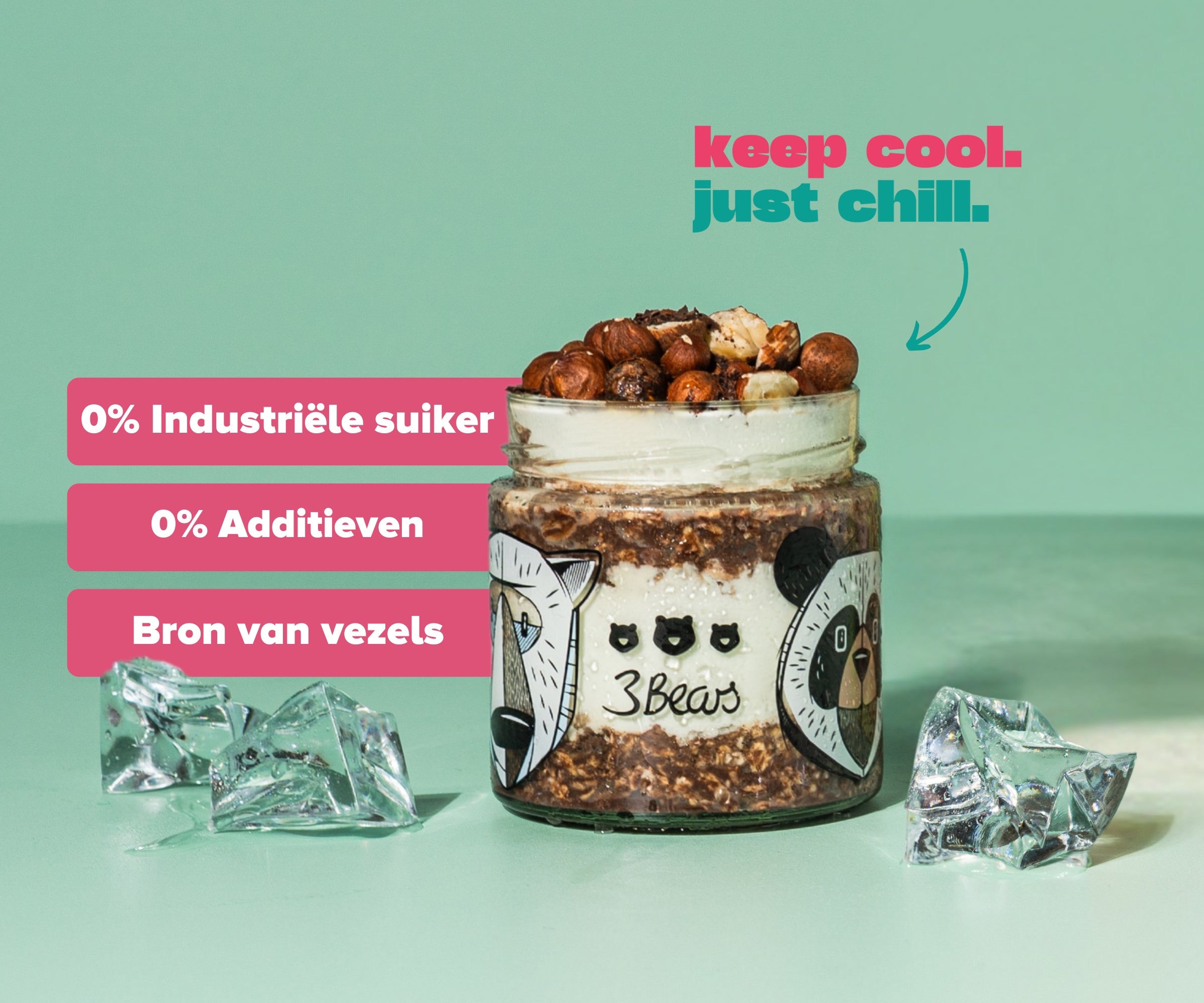 3Bears Overnight Oats - Hazelnut Cocoa, 0% refined sugar and additives, source of fibre