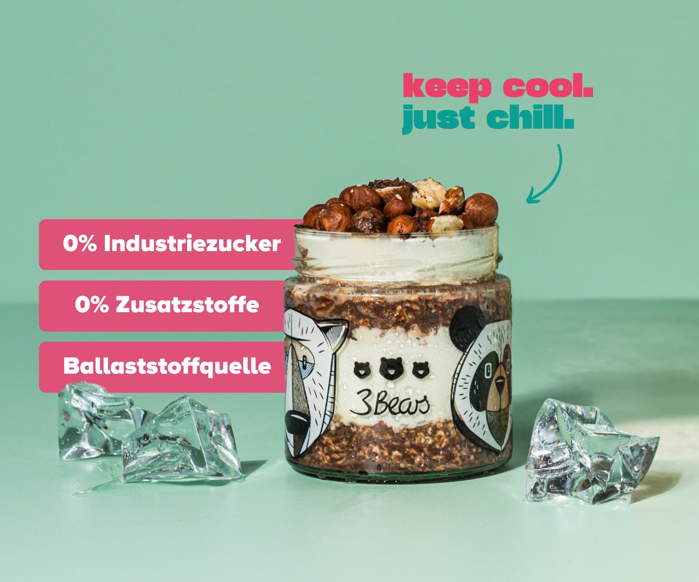 3Bears Overnight Oats - Hazelnut Cocoa, 0% refined sugar and additives, source of fibre 